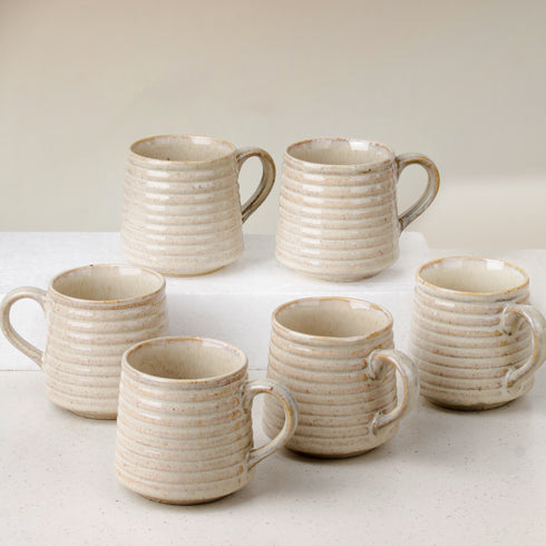 Creamy Spiral Ceramic Tea Cup Set of 6, 220 ML Each | Microwave and Dishwasher Safe Coffee Cups